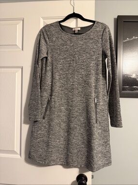 Gray Long Sleeve Knit Dress with Zip Pockets